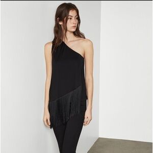 NWT BCBG Max Azria Asymmetric One Shoulder Black Sleeveless Fringe Top